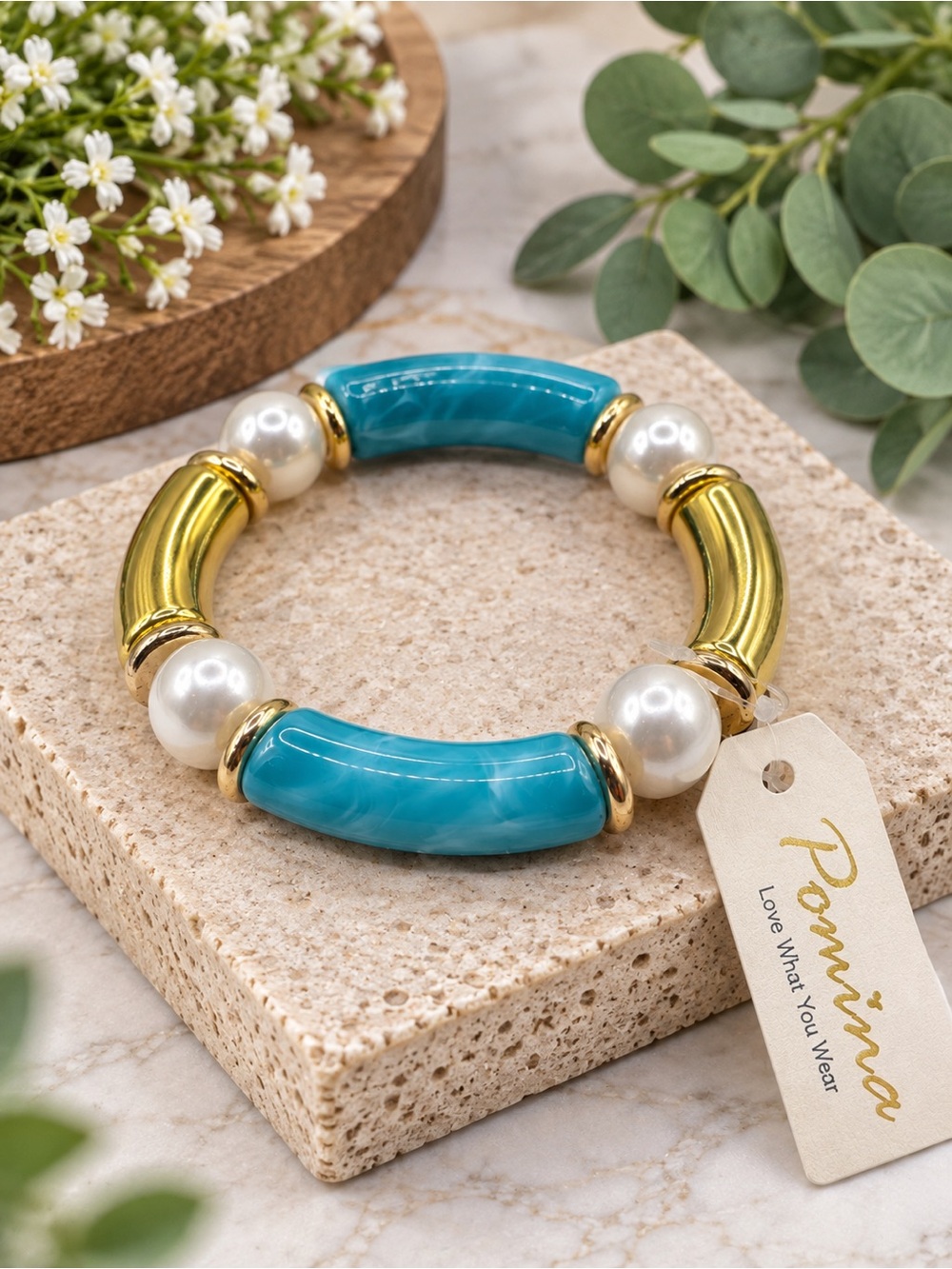 Pomina Turquoise, Pearl & Gold-Tone Statement Bracelet (BR 777/2)